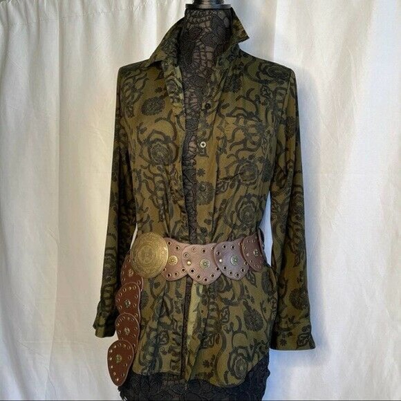 Dark Academia Green Black Print Button Down Shirt Cuffs Pocket Collar Top Small - Picture 1 of 9